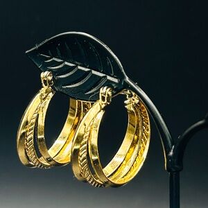 Vintage Triple Layer Gold Tone Hoop Earrings | Textured Rope & Polished